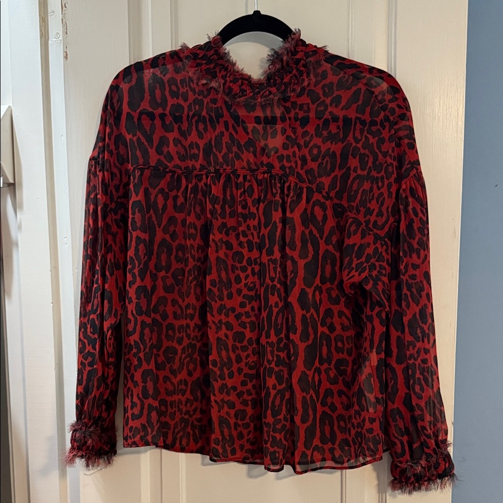 Zara Red Animal Print Sheer Blouse